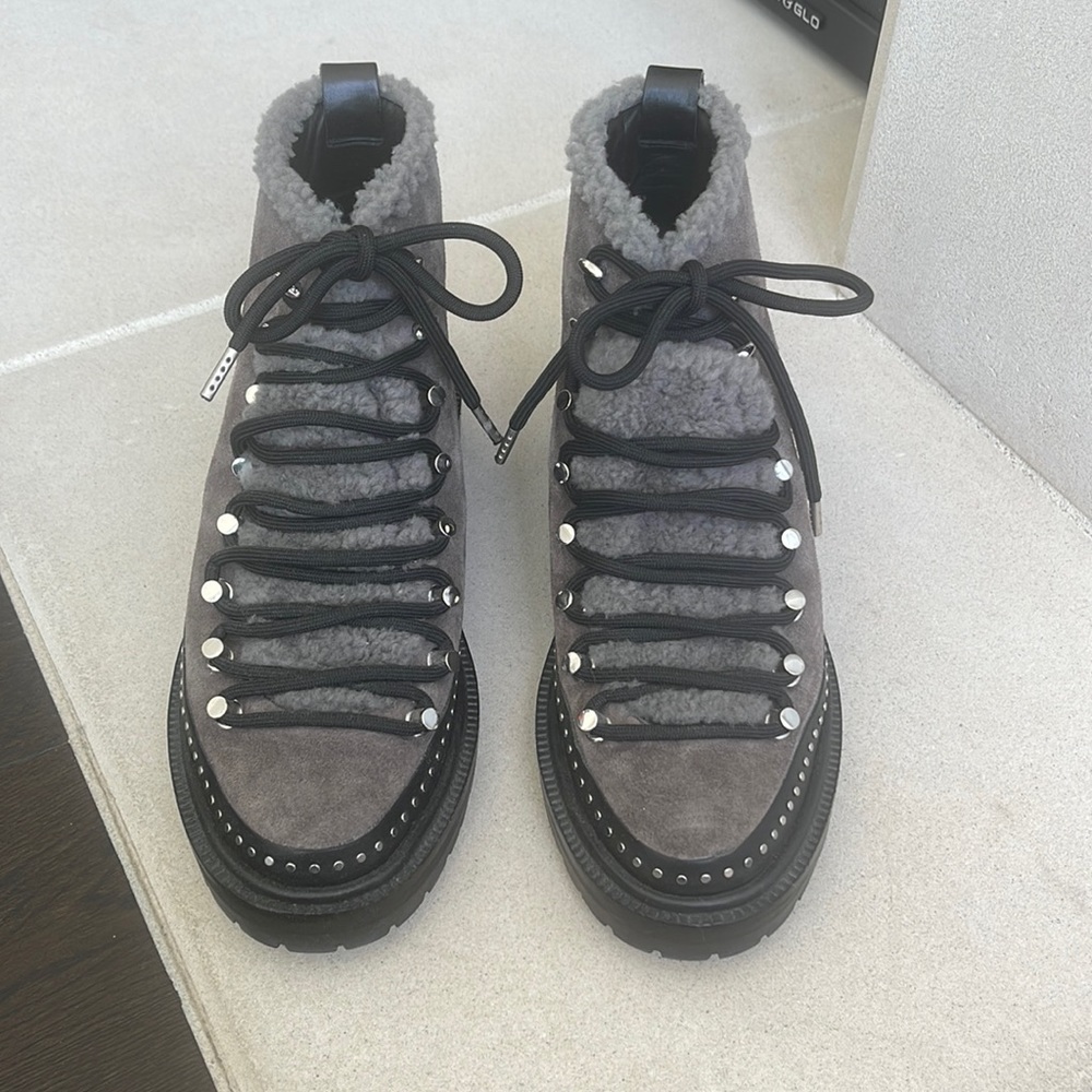 Rag & Bone gray suede compass combat ankle bootie